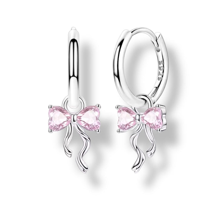 Pale pink drop crystal bow huggies