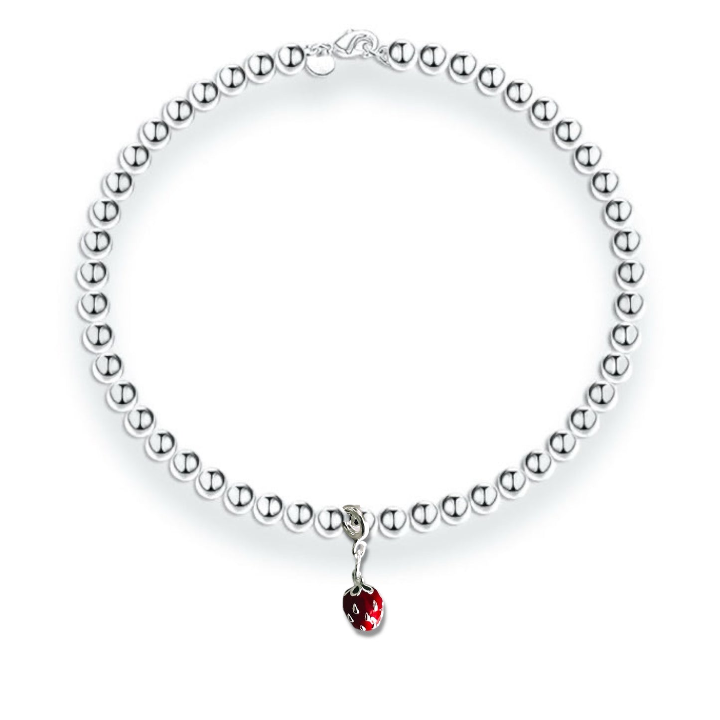 Strawberry charm Silver beaded bracelet