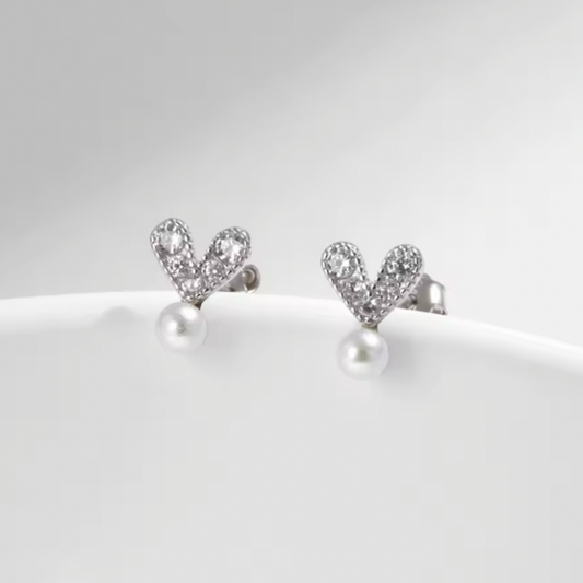 Crystal & pearl heart stud earrings